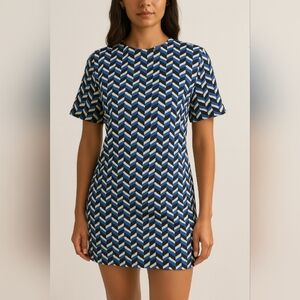 ZARA Woman Blue White Geometric Shift Mini Dress Size XS